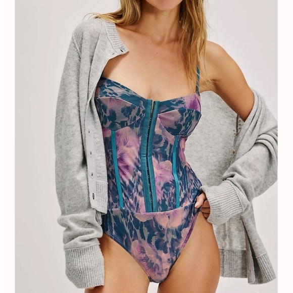 Free People Other - Free People Floral Bodysuit in Blue and Purple Deep Lagoon Combo | L